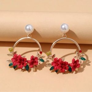 Hollow Circular Red Flower Earrings | Boho Floral Dangle Earrings